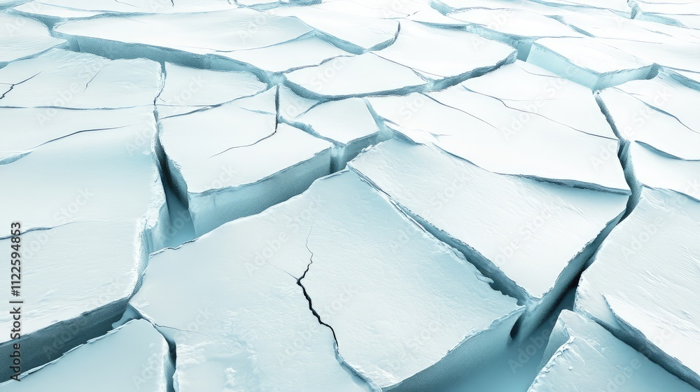 Poster an artistic view of a cracked ice sheet, with overlapping fractures creating complex, jagged designs