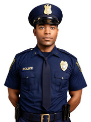 Obraz premium Police officer, male, African American, 38 years old, with close-cropped black hair and brown eyes, dressed in a navy blue