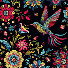 Obraz premium Hummingbird and flower floral pattern