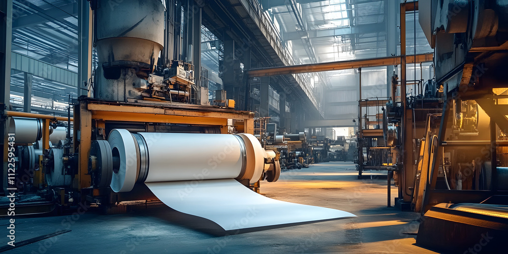 Poster paper being produced in a mill with machines converting pulp into rolls. generative ai