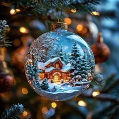 Decorated Christmas tree. Beautiful ball. Christmas and New Year.