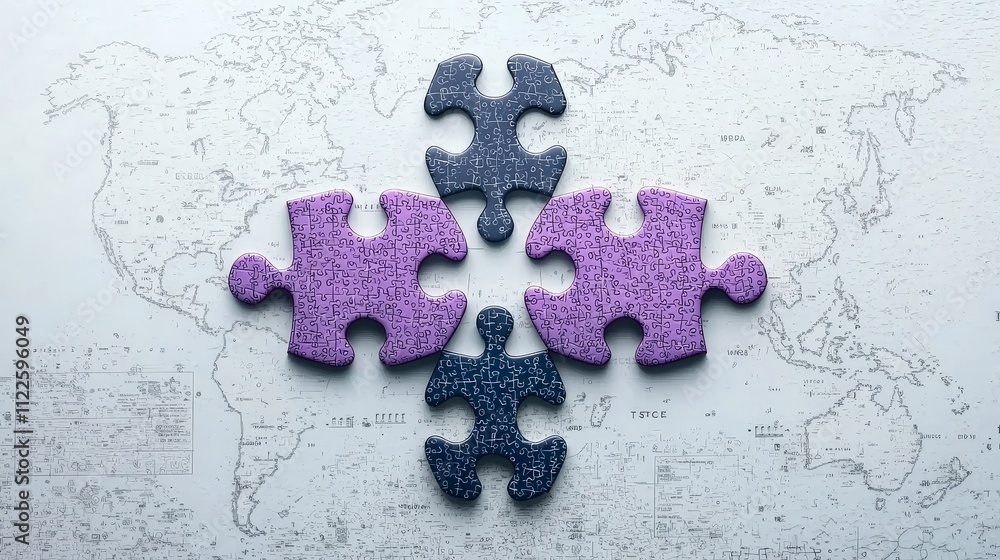 Poster global teamwork interlocking puzzle pieces on world map