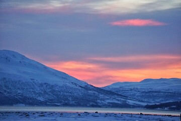 Snow mountain during evening time.