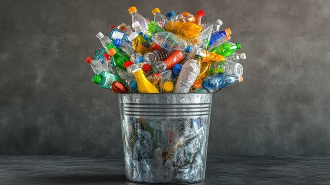 Heap of plastic bottles, cups, bags collected to recycling in a metal bin. Concept of plastic pollution and too many plastic waste. Trash with used plastic packagings over grey background