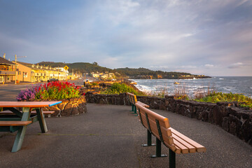 Waterfront of Depoe Bay in sunset. Oregon, USA