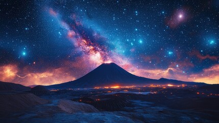 Fototapeta premium A stunning cosmic landscape featuring a volcano under a vibrant starry sky.
