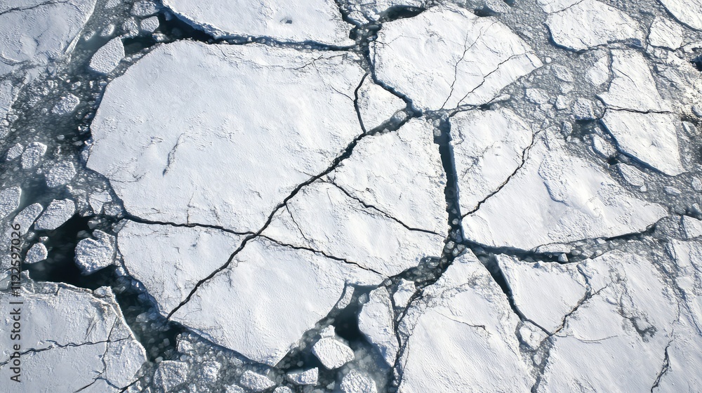 Poster an overhead view of a cracked ice surface, with a web of fractures spreading outward in natural, cha