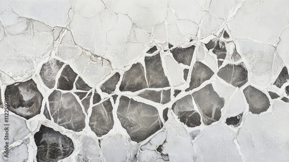 Poster an overhead perspective of a frozen river, with geometric patterns formed by cracks in the ice and p