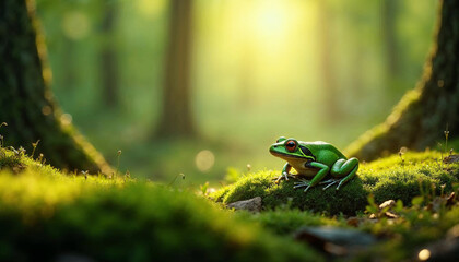 Agalychnis callidryas,tropical Red-eyed tree frog australia, non-toxic,colorful arboreal frog with red eyes and toes,vibrant green body and blue feets, sitting on diagonal twig against rainforest back