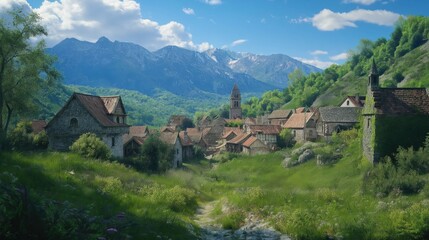 Fototapeta premium Serene Mountain Village nestled in Verdant Valley under a Summer Sky: A picturesque digital painting of a charming medieval village nestled amongst lush green hills and majestic mountains.