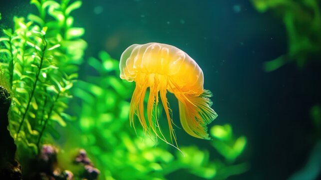 Jellifish South american sea nettle, Chrysaora plocamia swimming in aquarium tank with green neon illumination. Aquatic organism, animal, undersea life, biodiversity