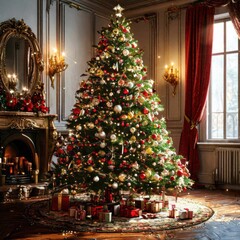 Decorated Christmas tree. Beautiful interior. Christmas and New Year.
