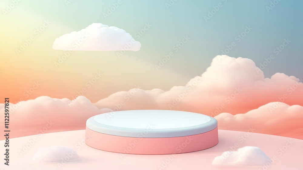 Poster a minimalist podium surrounded by soft clouds and a colorful sky, ideal for presentations or display