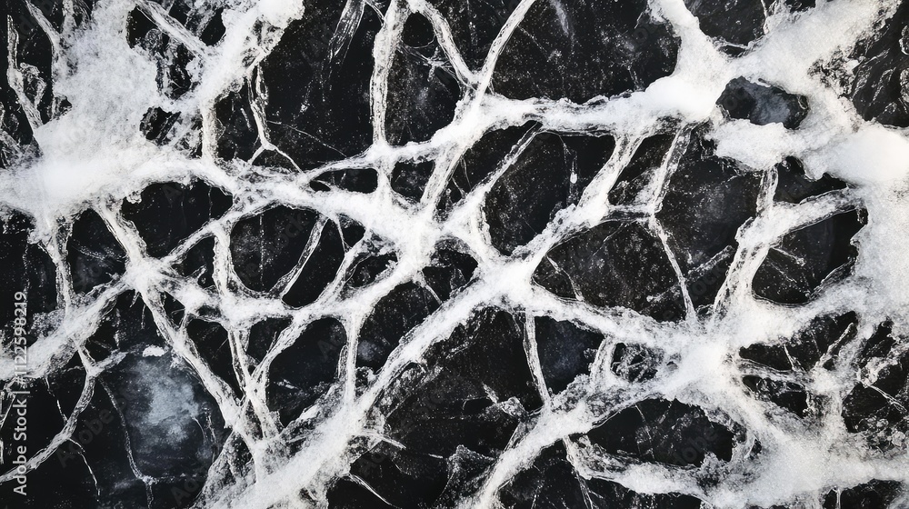 Poster an overhead view of a cracked ice surface, with a web of fractures spreading outward in natural, cha