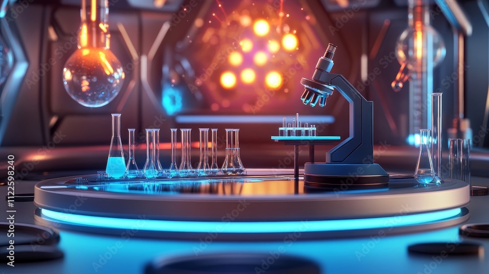Poster a modern laboratory setup featuring various glassware and a microscope, emphasizing scientific explo