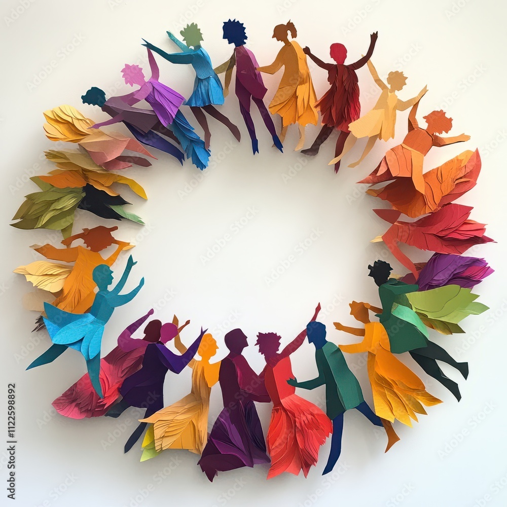 Poster multicolored paper cutout figures in a circle representing diversity and community involvement