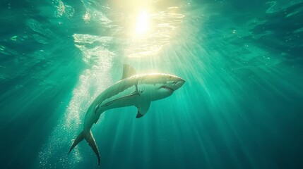 Naklejka premium Majestic Great White Shark Underwater Ocean Wildlife Sunbeams Marine Life