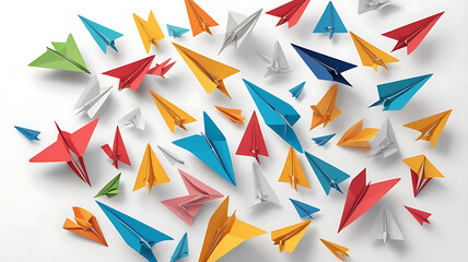 Fototapeta premium A cluster of paper airplanes in various colors and folded designs, scattered together, isolated on a plain white background.