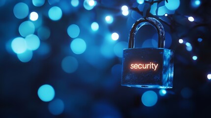 Padlock with word security. Blue background