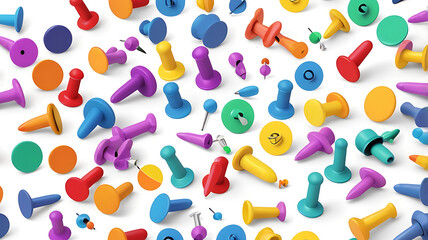 Obraz premium A cluster of colorful push pins in various shapes and sizes, scattered together, isolated on a plain white background.