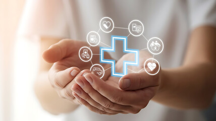 Woman's Hand Holding Plus Icon for Healthcare and Health Insurance Concept, medical icon, health insurance, health welfare, copy space healthcare, medical copy space background