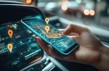 Person using smartphone GPS in a car.