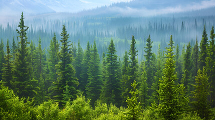 Fototapeta premium Healthy green trees in a forest of old spruce, fir and pine In an old forest of spruce, fir, and pine trees, green trees flourish, Generative Ai