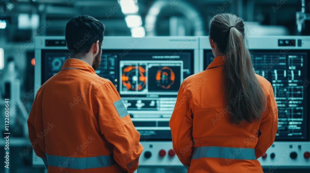 Poster two technicians in orange uniforms monitor control panels in a high-tech industrial setting, focusin