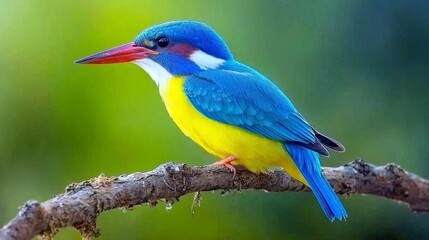 Obraz premium Vibrant Blue Yellow Kingfisher Bird on Branch Wildlife Photography