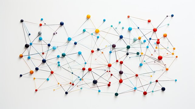 Colorful pushpins connected by strings forming a network