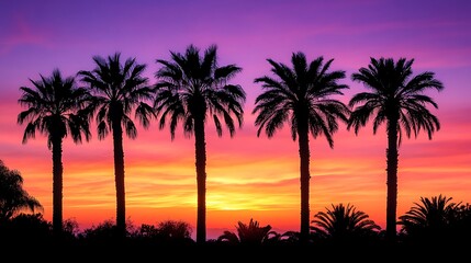 Obraz premium Silhouetted palm trees at sunset coastal landscape nature scene