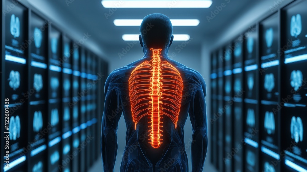 Poster a digital rendering of a human figure with a glowing spine, set in a corridor lined with x-ray image