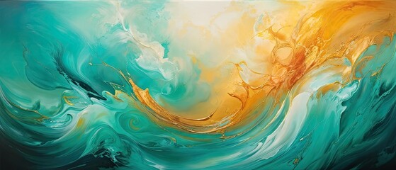 Abstract Fluid Art with Vibrant Turquoise, Orange, and Gold Curves