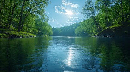 Fototapeta premium Tranquil river reflection in lush green forest landscape scene