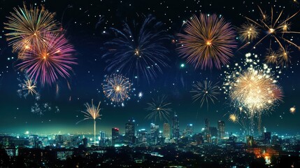 Fototapeta premium Vibrant fireworks explode over a cityscape at night.