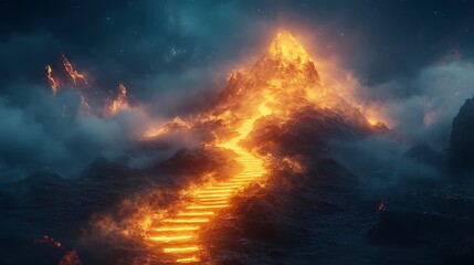 Fototapeta premium Lava flow erupts from volcano night sky nature scene dramatic view