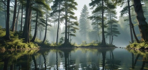Obraz premium A serene and still forest lake reflects the towering trees that surround it, creating an illusion of depth and tranquility, calm, tree, atmosphere