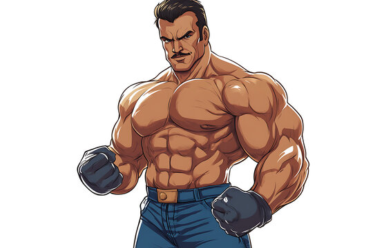 A muscular cartoon character with a confident pose, showcasing strength and determination.