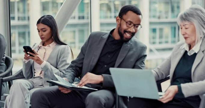 Business people, queue and tech for interview with group, books or tablet to prepare for recruitment. Men, women and diversity for job, opportunity or onboarding in waiting room at insurance agency