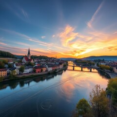 Fototapeta premium European riverside town, sunset, golden sky, church spire, bridge over river, reflections in water, picturesque village, atmospheric lighting, aerial view, dramatic clouds, tranquil scene, vibrant col