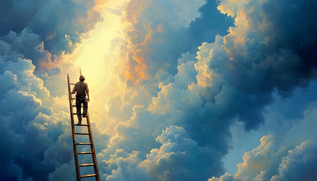 Journey towards light with a ladder reaching into the clouds