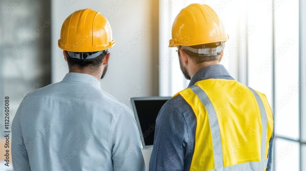 Poster two construction workers in hard hats observe a computer screen, engaged in a discussion in a bright