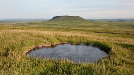 Fototapeta premium Serene Geothermal Spring in Grassland Landscape with Distant Hill
