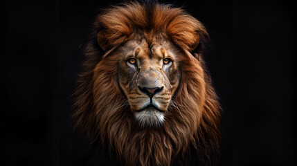 Fototapeta premium Stock portrait of a lion roaring on a black background closeup on a lion looking up profile isolated on black background, Generative AI