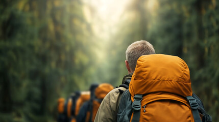 A narrow dirt trail leading through a lush forest, with a group of hikers carrying backpacks, ready to explore the wilderness and discover the beauty of nature on their journey.