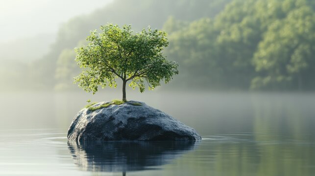 Tree on rock in water. Environmental resilience concept. Low carbon ecosystem visualization. Design for climate adaptation and biodiversity conservation campaigns