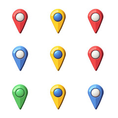 A grid of colorful location pins in red, yellow, green, and blue, commonly used in mapping and navigation applications.