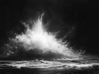 Dramatic black and white image of an ocean wave exploding.