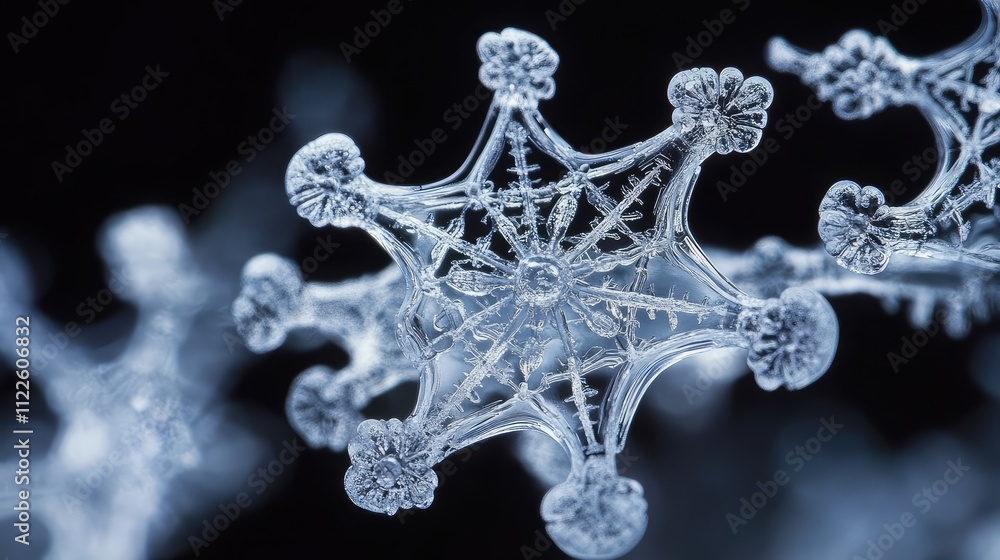 Poster close-up of frozen water under a microscope, revealing delicate lattice structures and intricate mol