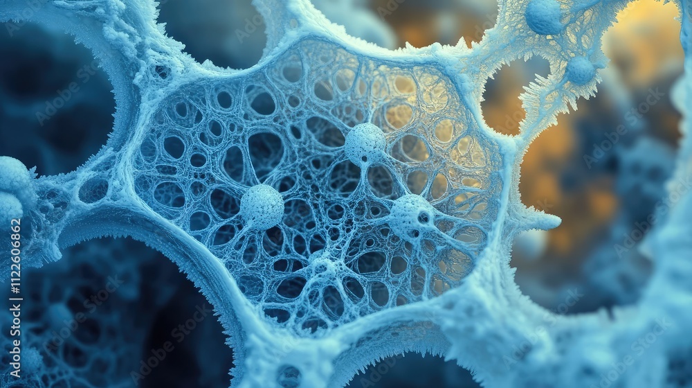 Poster close-up of frozen water under a microscope, revealing delicate lattice structures and intricate mol